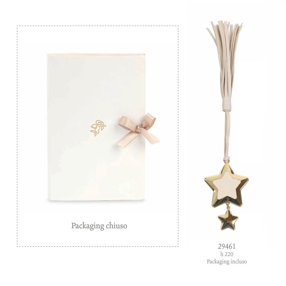 Bomboniera Segnalibro Stella in metallo Oro nappina Ecopelle Bianca e scatola h 22 cm art 29461