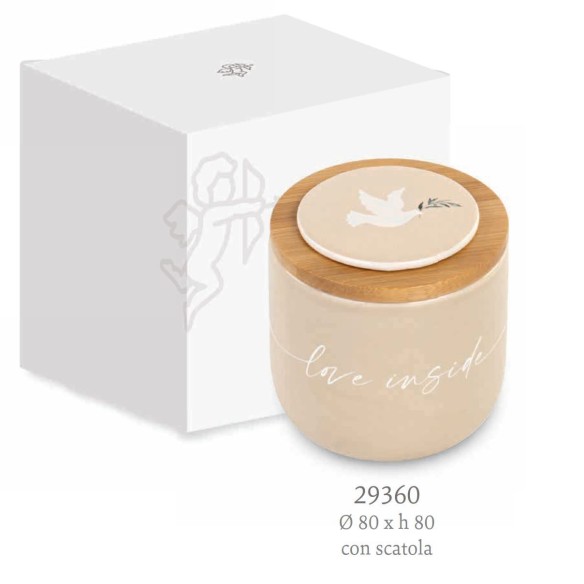 Bomboniera candela in Ceramica e Bamboo BIANCA con simbolo COLOMBA D 8 x h 8 cm con Scatola art 29360