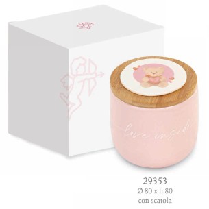 Bomboniera candela in Ceramica e Bamboo ROSA con ORSETTO D 8 x h 8 cm con Scatola art 29353