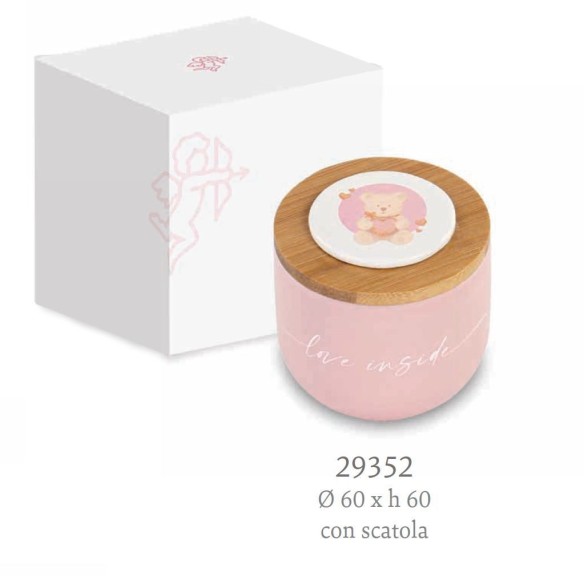 Bomboniera candela in Ceramica e Bamboo ROSA con ORSETTO D 6 x h 6 cm con Scatola art 29352