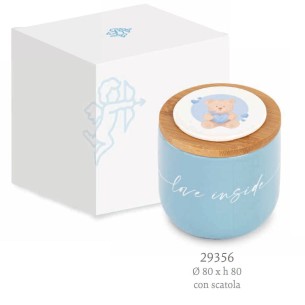 Bomboniera candela in Ceramica e Bamboo CELESTE con ORSETTO D 8 x h 8 cm con Scatola art 29356