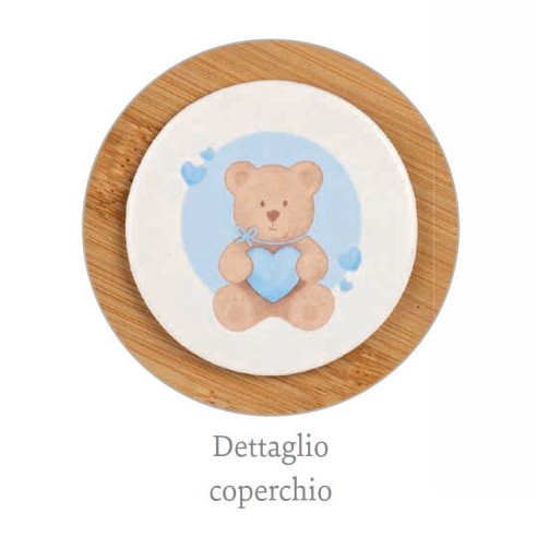 Bomboniera candela in Ceramica e Bamboo CELESTE con ORSETTO D 8 x h 8 cm con Scatola art 29356