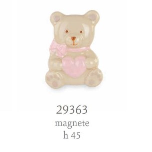 Bomboniera Orsetto Calamita in porcellana con inserto cuore Rosa Battesimo Nascita h 4,5 cm Confezione 12 pz art 29363