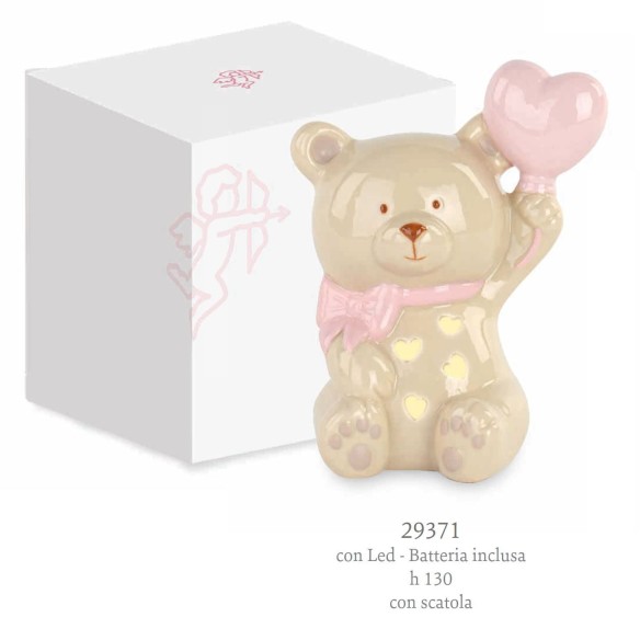 Bomboniera Orsetto in porcellana con inserto cuore Rosa e Luce LED luminosa Battesimo Nascita h 13 cm con Scatola art 29371