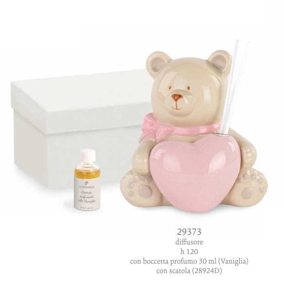 Bomboniera Orsetto in porcellana con inserto cuore Rosa Profumatore Battesimo Nascita h 12 cm con Scatola art 29373