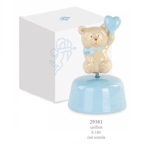 Bomboniera Orsetto in porcellana con inserto cuore Celeste CARILLON Battesimo Nascita h 14 cm con Scatola art 29381