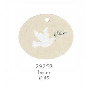 Ciondolo Tondo in legno Beige con simbolo COLOMBA D 4,5 cm Decorazione Bomboniera Confezione 12 pz art 29258