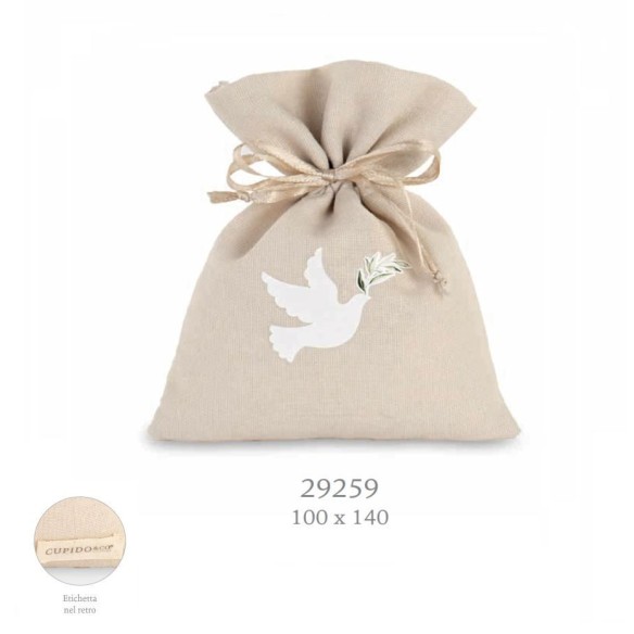 Bomboniera Sacchetto porta confetti in tessuto BEIGE con simbolo COLOMBA 10 x h 14 cm Confezione 12 pz art 29259