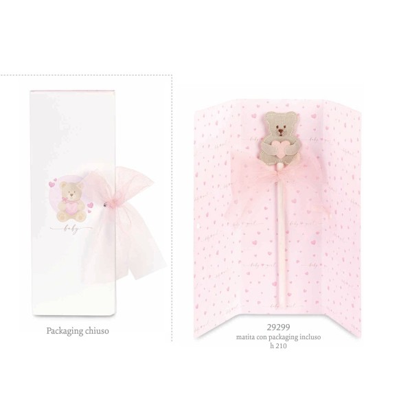 Bomboniera Matita Legno con inserto Orsetto tessuto cuore Rosa Battesimo Nascita h 21 cm con Scatola confezione 12 pz art 29299