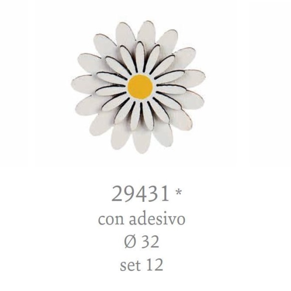 Ciondolo Fiore Margherita Adesiva in legno BIANCO D 3,2cm decorazione bomboniera confezione 12 pz art 29431