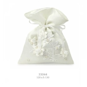 Bomboniera Sacchetto confetti tipo Borsetta in Tessuto BIANCO con Rosa 12 x h 15 cm Wedding confezione 60 pz art 55044