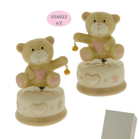 Bomboniera Carillon Orsetto  in porcellana BEIGE e ROSA Battesimo Nascita h 12 cm con scatola Set 2 pz art 03A022