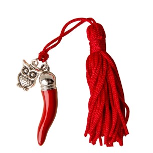 Bomboniera Ciondolo in metallo Zama Corno porta fortuna con Gufo rosso smaltato 4 Cm conf 12 pz art 12043