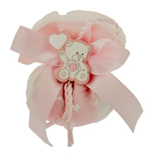 Bomboniera Sacchetto in tessuto Rosa con inserto orsetto in Legno Battesimo Nascita h 10 cm  Confezione 12 pz art C2461