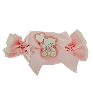 Bomboniera Sacchetto a CARAMELLA in tessuto Rosa con inserto orsetto in Legno Battesimo Nascita 14 cm  Confezione 12 pz art C245