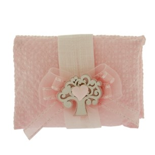 Bomboniera Sacchetto Busta in tessuto Rosa con inserto albero della vita in Legno Battesimo Nascita 10 x h 8 cm  Confezione 12 p