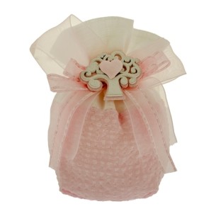 Bomboniera Sacchetto in tessuto Rosa con inserto albero della vita in Legno Battesimo Nascita 10 cm  Confezione 12 pz art C2467
