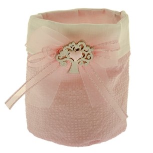 Bomboniera Sacchetto in tessuto Rosa con inserto albero della vita in Legno Battesimo Nascita 10 cm  Confezione 6 pz art C2469