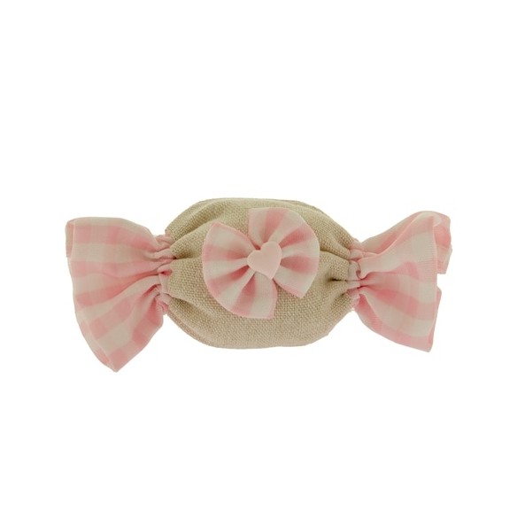 Bomboniera Sacchetto Caramella in Juta e tessuto Rosa con inserto Fiocco Battesimo Nascita 14 cm  Confezione 12 pz art C2473