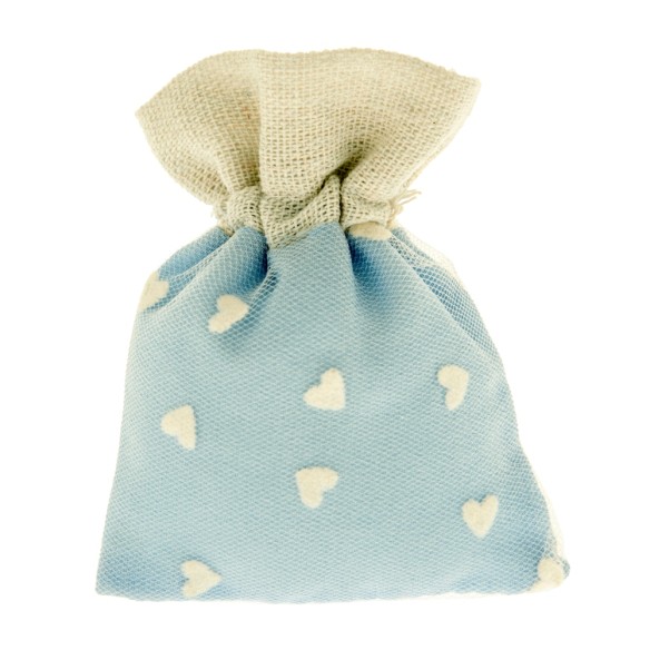 Bomboniera Sacchetto confetti in tessuto Celeste e Beige CUORI 8 x h 10 cm Confezione 12 pz art C2276