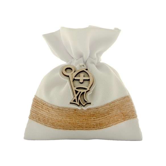 Bomboniera Sacchetto in tessuto Bianco e Beige con inserto Simbolo CRESIMA legno 10 x h 12 cm  Confezione 12 pz art C2485