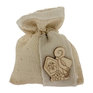 Bomboniera Sacchetto in tessuto Beige con inserto Simbolo Cresima Legno 8 x h 10 cm Confezione 12 pz art C2489