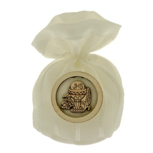 Bomboniera Sacchetto in tessuto BIANCO con inserto Simbolo Comunione Legno 10 cm Confezione 12 pz art C2494