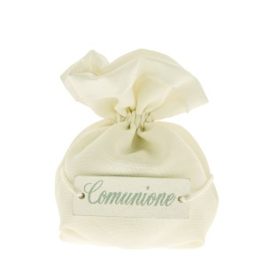 Bomboniera Sacchetto porta confetti in tessuto BIANCO inserto Targhetta legno Comunione 10 cm Confezione 12 pz art C2302