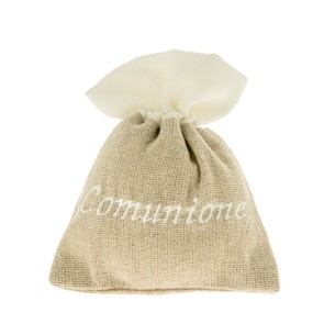 Bomboniera Sacchetto porta confetti in tessuto Beige inserto Scritta Comunione 10 x h 12 cm Confezione 12 pz art C2308