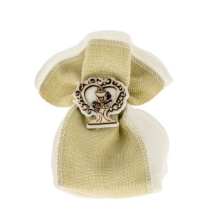 Bomboniera Sacchetto in tessuto BIANCO e BEIGE con inserto Simbolo Comunione Legno 10 cm Confezione 12 pz art C2315