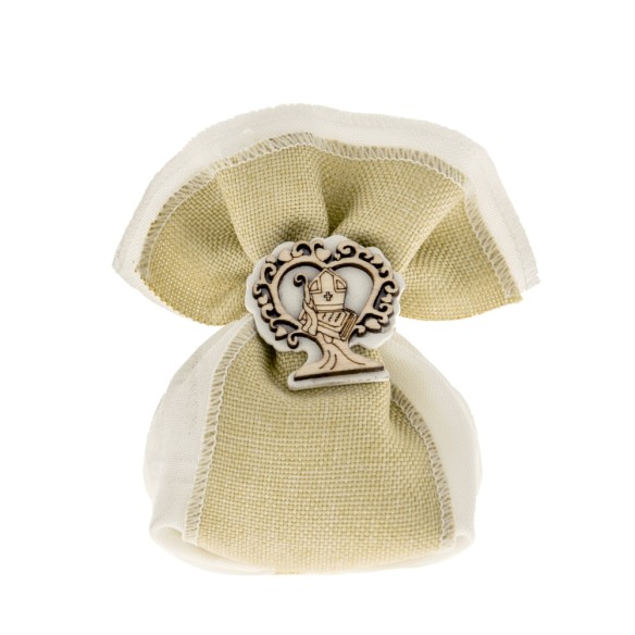 Bomboniera Sacchetto in tessuto BIANCO e BEIGE con inserto Simbolo Cresima Legno 10 cm Confezione 12 pz art C2317