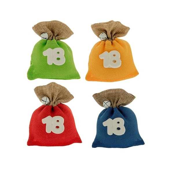 Bomboniera Sacchetto in tessuto con numero 18  esimo Compleanno 9 x 12 cm vari colori 12 pz art C2498