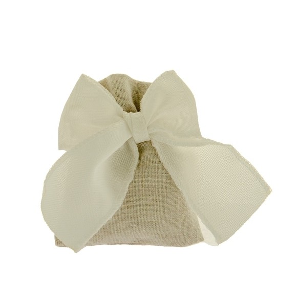 Bomboniera Sacchetto in tessuto cotone grezzo Beige e Fiocco bianco 8 x h 10 cm Confezione 12 pz art C2505