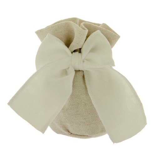 Bomboniera Sacchetto in tessuto cotone grezzo Beige e Fiocco bianco 10 cm Confezione 12 pz art C2506