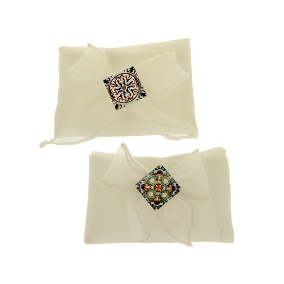 Set 2 Bomboniera Sacchetto BUSTA porta confetti in tessuto BIANCO inserto Mattonella Mosaico 10 x h 8 cm Confezione 12 pz art C2