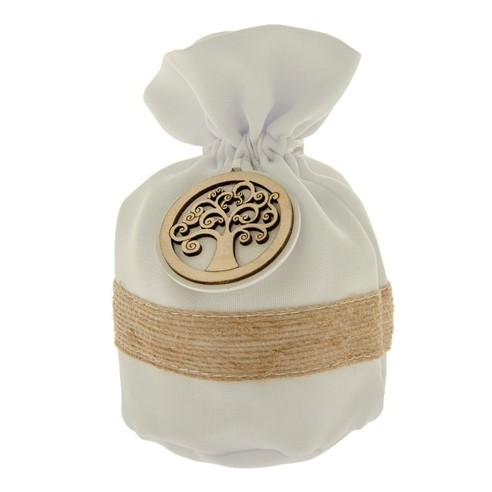 Bomboniera Sacchetto Confetti in tessuto BIANCO inserto Albero della Vita Legno 10 cm Confezione 12 pz art C2525