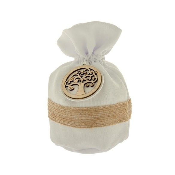 Bomboniera Sacchetto Confetti in tessuto BIANCO inserto Albero della Vita Legno 10 cm Confezione 12 pz art C2525