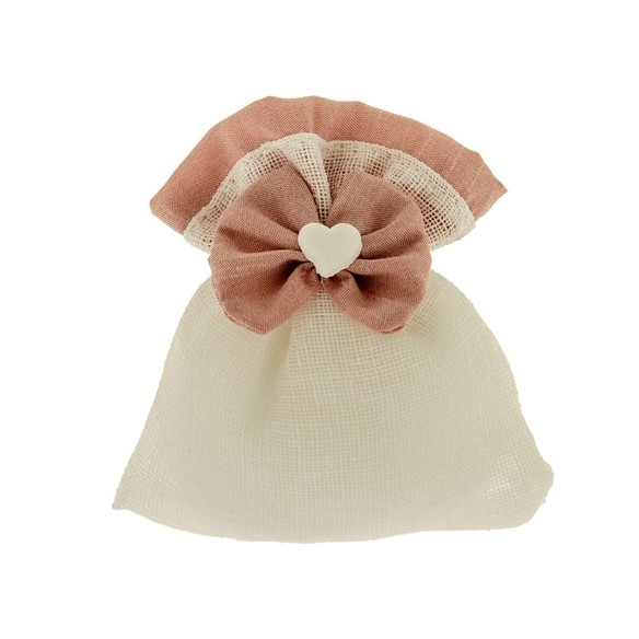 Bomboniera Sacchetto Confetti in tessuto Bianco inserto Cuore e Fiocco Rosa Antico 10 x h 12 cm Confezione 12 pz art C2537