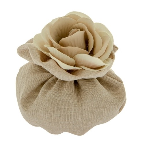 Bomboniera Sacchetto Confetti in tessuto TORTORA chiusura con ROSA 13 cm Confezione 12 pz art C2549