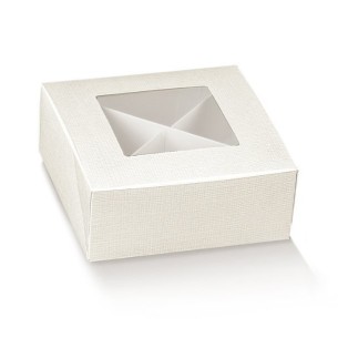 Scatola Confetti modello PRATICA Seta Bianco finestra trasparente e separatori 10 x 10 x h 4 cm confezione 10 pz Art 12921