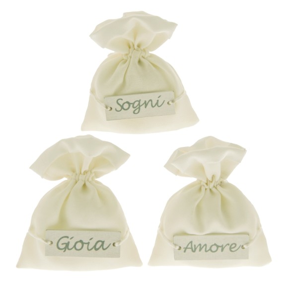 Bomboniera set 3 Sacchetti porta confetti in tessuto BIANCO inserto Targhetta legno SOGNI GIOIA AMORE 10 x h 12 cm Confezione 12