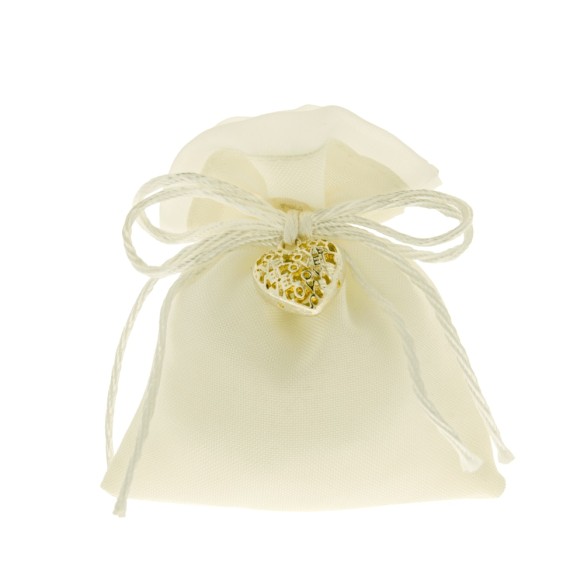 Bomboniera Sacchetto Confetti in tessuto Bianco inserto Cuore Zama e Fiocco 10 x 12 cm Confezione 12 pz art C2357