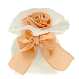 Bomboniera Sacchetto confetti in tessuto Bianco con chiusura Fiore tipo Rosa e fiocco di colore PESCA base quadrata 11 cm Matrim