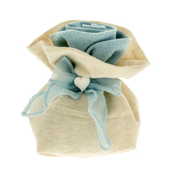 Bomboniera Sacchetto Confetti tessuto Grezzo fondo quadro con chiusura tipo Fiore Rosa e fiocco Celeste 11 cm Confezione 12 pz a