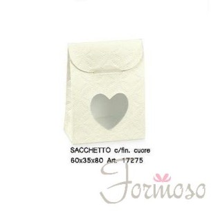 Sacchetto matelassè bianco cuore p confetti bomboniera 60x35x80mm 9pz art 17275