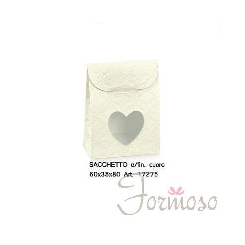 Sacchetto matelassè bianco cuore p confetti bomboniera 60x35x80mm 9pz art 17275