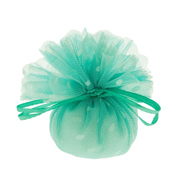 Bomboniera Sacchetto tondo porta confetti con Tirante in organza VERDE e pois in tinta D 24 cm Confezione 10 pz art C2443