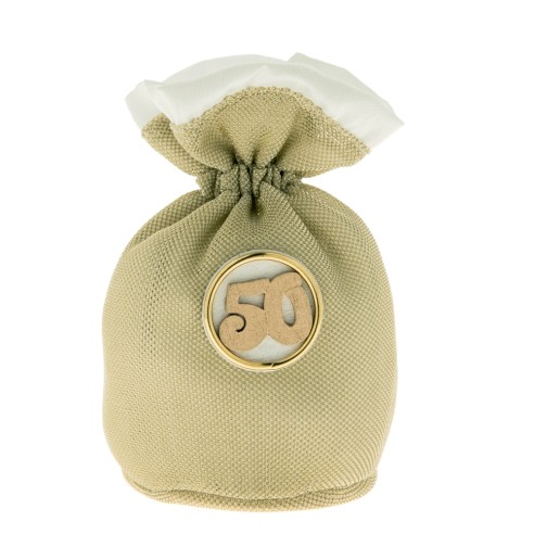 Bomboniera Sacchetto in tessuto Tondo Oro con numero 50 esimo Anniversario Matrimonio 10 cm confezione 12 pz art C2338