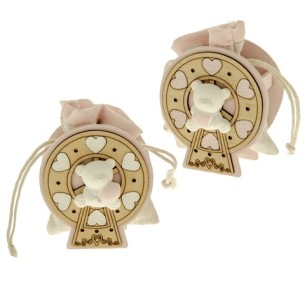 Sacchetto Porta Confetti Rosa in tessuto ed inserto Giostra legno con Orsetto Gesso  h 8 cm Confezione 6 pz Art SC605