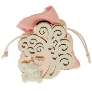 Sacchetto Porta Confetti Rosa in tessuto ed inserto Albero della vita legno con Elefantino Gesso h 8 cm Confezione 6 pz Art SC60